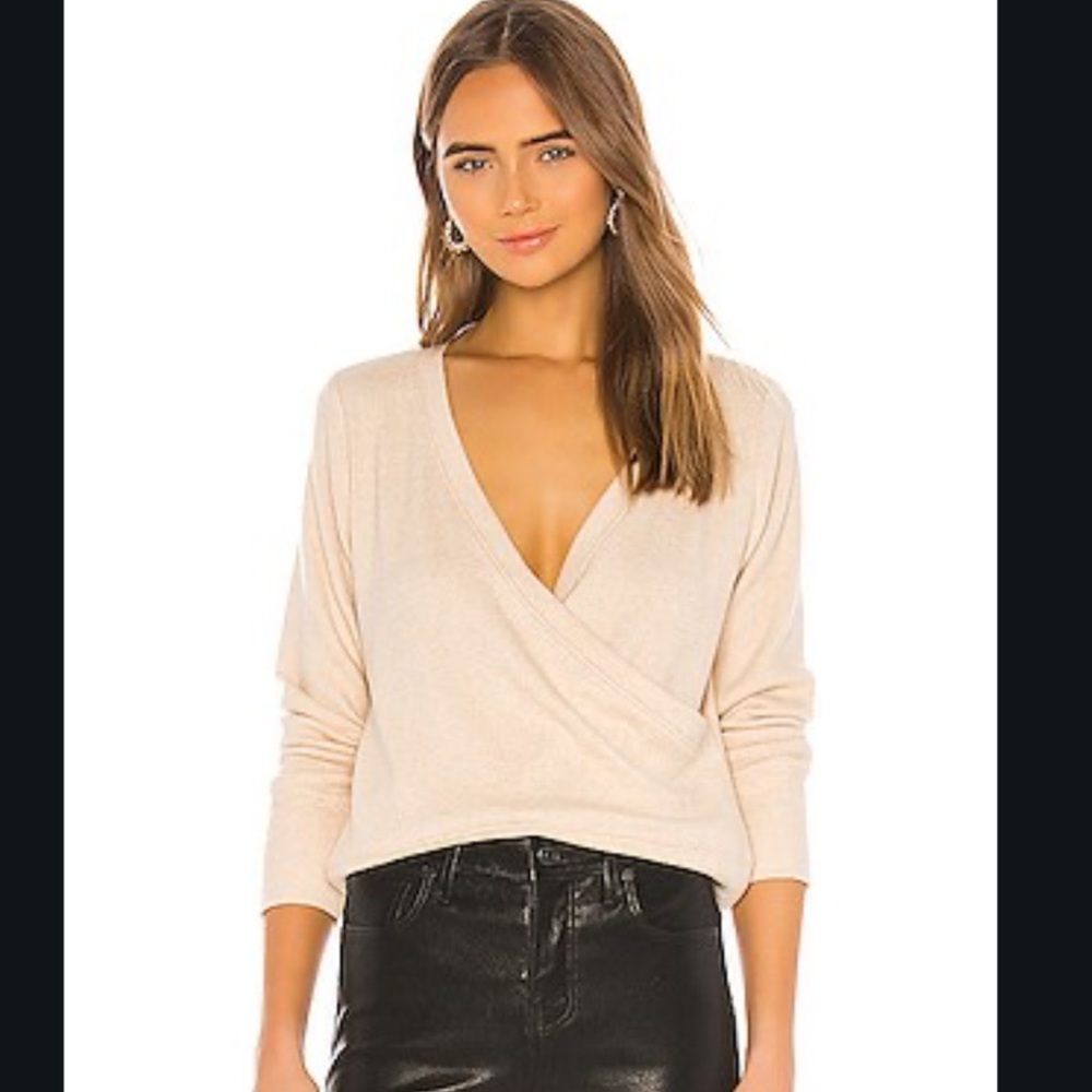 525 America Low V Back Pullover Sweater in Doe Melange Large NWT